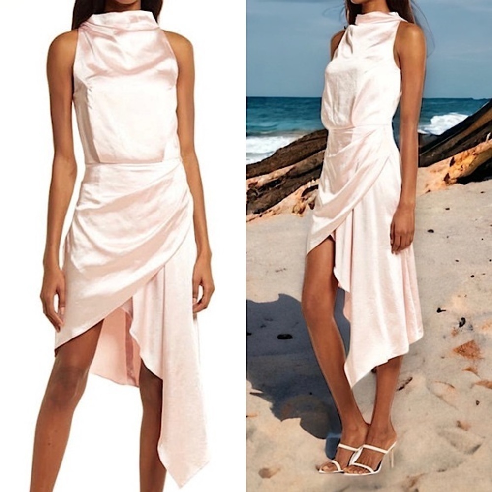 NWT ELLIATT 70s Pastel Satin Draped Mockneck Sleeveless Asymmetric Wrap Dress XS